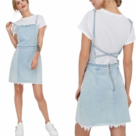 ZARA dress raw seam two tone blue‎ denim strappy pinafore M - Picture 1 of 8